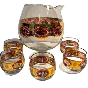 Vintage Cera Glass Pitcher/Decanter Set 6 Roly Poly Glasses Gold Fruit Barware